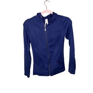 GG's Fashion Sports Zip Up Sweater Blue Tight Fitting Ribbed Sides Size XS/S